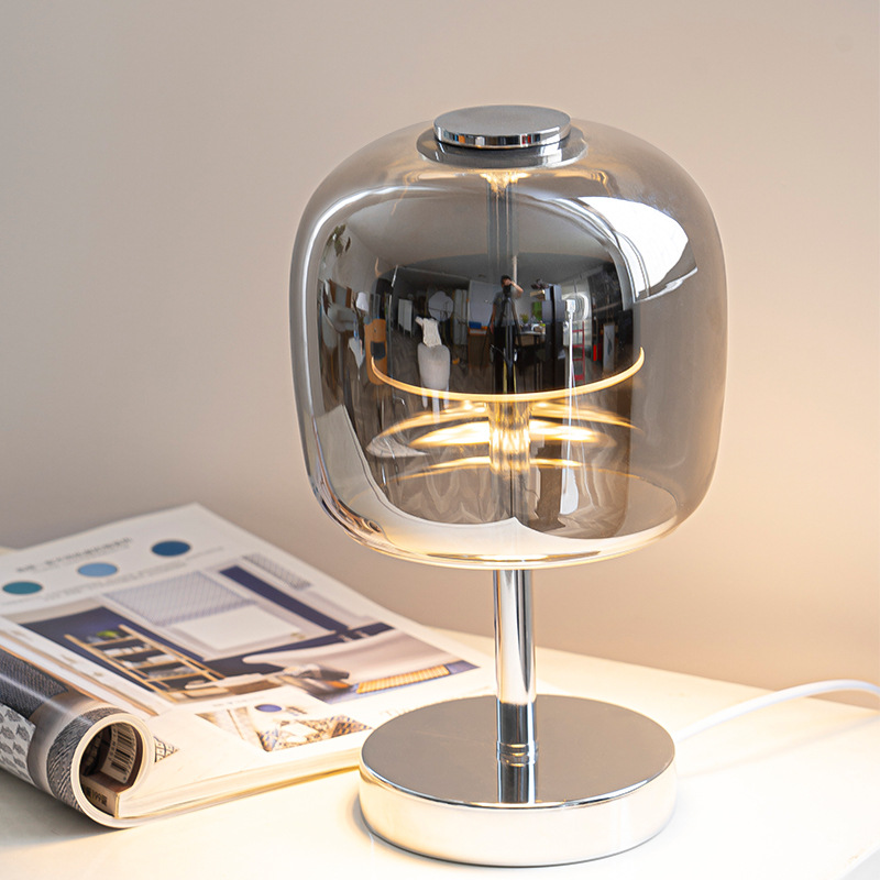 Modern Smoked Glass Dome Table Lamp – USB Powered Bedside Light