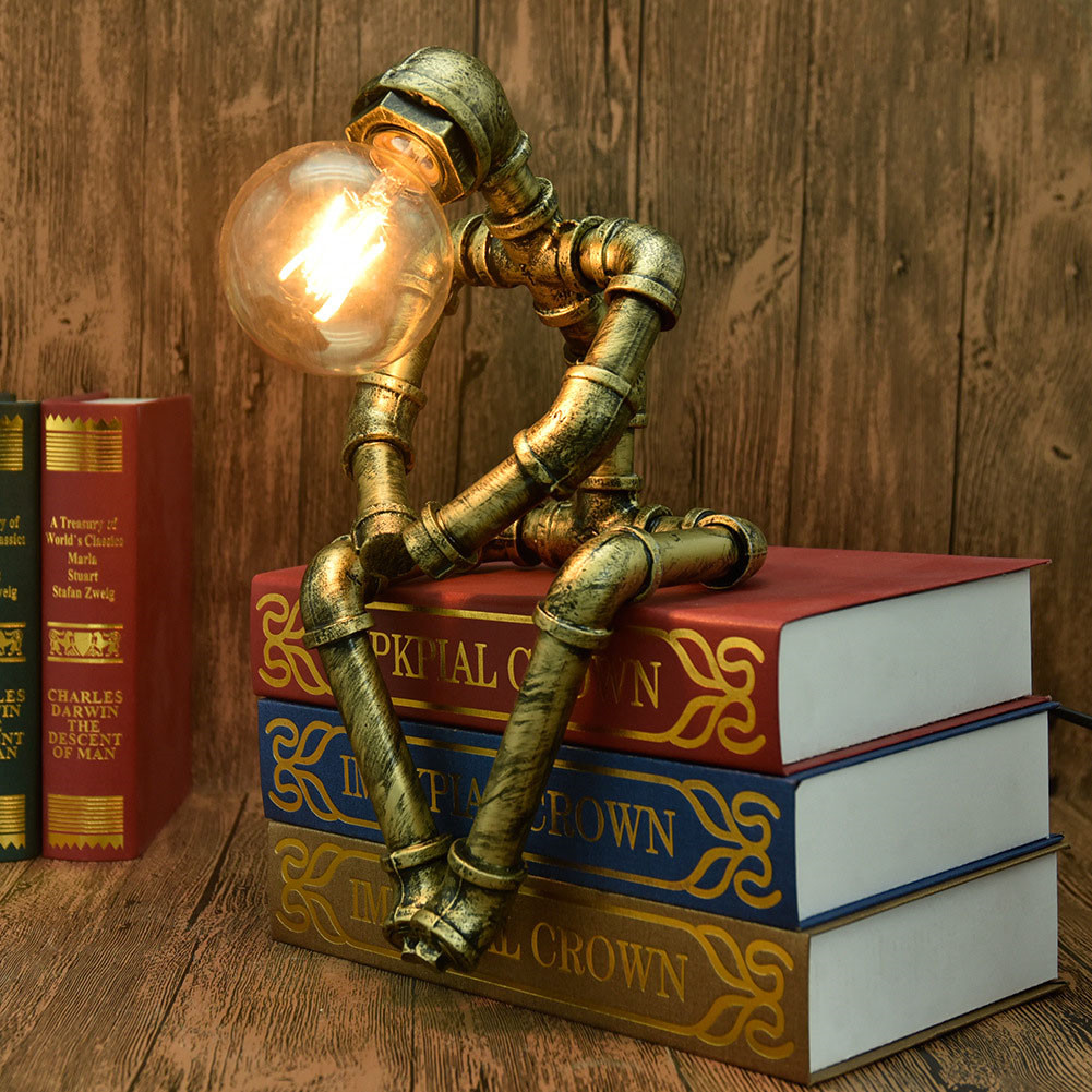 ndustrial Pipe Robot Table Lamp – Vintage Steampunk Desk Light