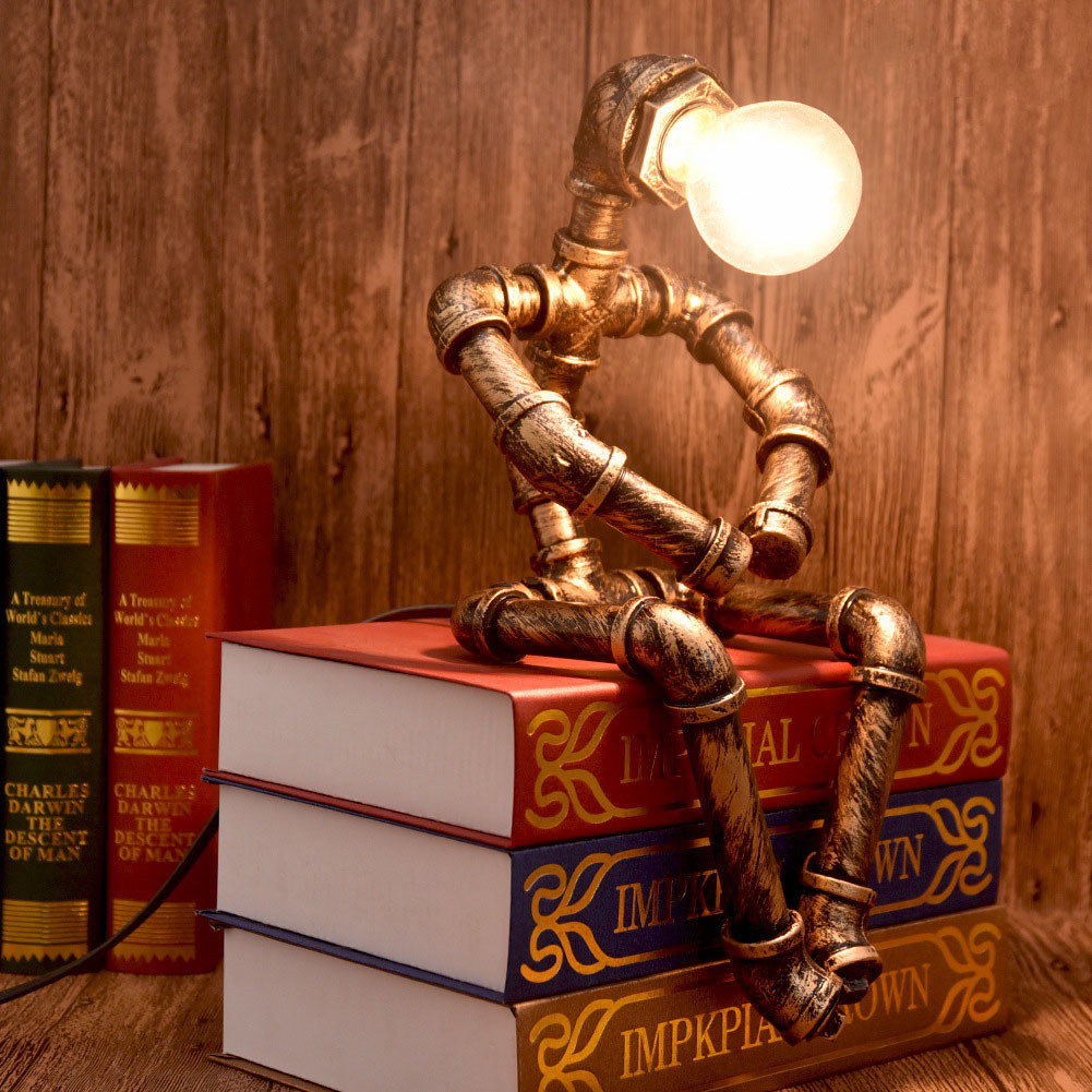 ndustrial Pipe Robot Table Lamp – Vintage Steampunk Desk Light