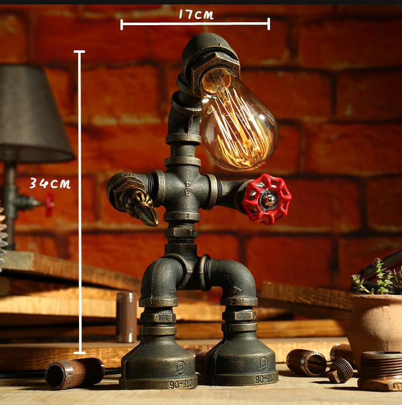 ndustrial Pipe Robot Table Lamp – Vintage Steampunk Desk Light